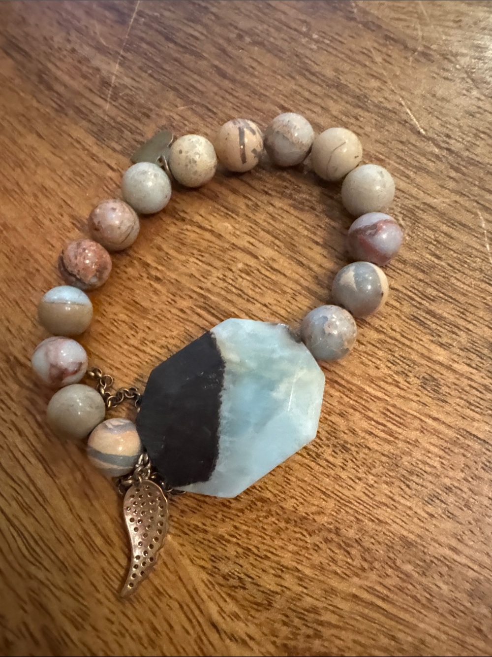 Neutral Stone Beaded Bracelet with Blue Agate Focal - Picture 8 of 9
